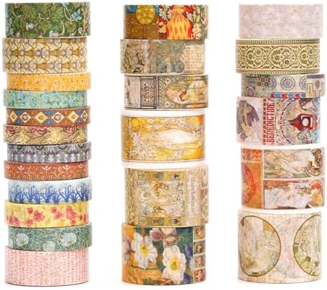 Vintage Washi Tape Set - 24 Rolls Arts Adhesive Tapes Assorted Retro Decorative Masking Tape Sets for Craft, Kids, Scrapbook, DIY, Gift Wrapping (1-Renaissance Dreams)
