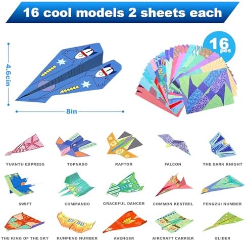 Vodolo Paper Airplane Kits with 16 Classic Designs,32 Sheets Paper Planes Origami Kit for Kids Ages 5-12,Airplane Gifts for Boys and Girls