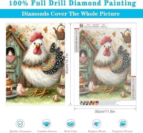 RYMILIE Chicken Diamond Art Kits for Adults Diamond Painting Kit 12x16in | 5D Farm Stress Relief Diamond Art Painting Kit for Beginners, DIY Full Round Drill Gem Art Crafts for Home Wall Decor Gift