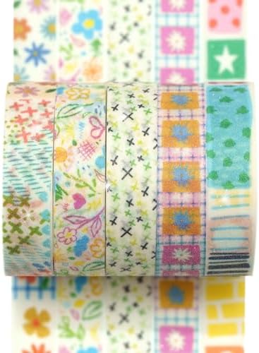 Cute Pattern Washi Tape Set 5 Rolls Glitter Cover Decorative Wide Kawaii Masking Tapes for Arts, DIY Crafts, Journals, Planners, Scrapbook, Wrapping (7 Floral Garden)