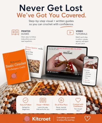 Kitcroet Granny Square Crochet Kit for Beginners, Complete Crochet Blanket Kit with 20 Skeins Yarn, Step-by-Step Video & Written Instructions, 34" x 45" Retro Blanket Starter Kit, Warm Retro Brown