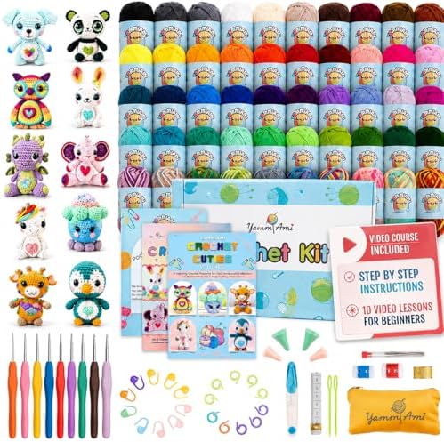 YammiAmi 1,800 Yards Beginner Crochet Kit for Adults, 103-Piece Starter Set with 50 Skeins of Yarn, Accessories, and 10 Amigurumi E-Book Patterns with Video Tutorials