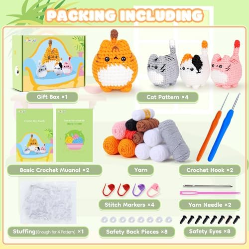 Crochet Kit for Beginners-4PCS Cat Crochet Kits for Adults, Teacher Appreciation Gifts, Crochet Starter Kit with Step-by-Step Video Tutorials, Crochet Animals Kits DIY Craft Kit Learn to Crochet Kits