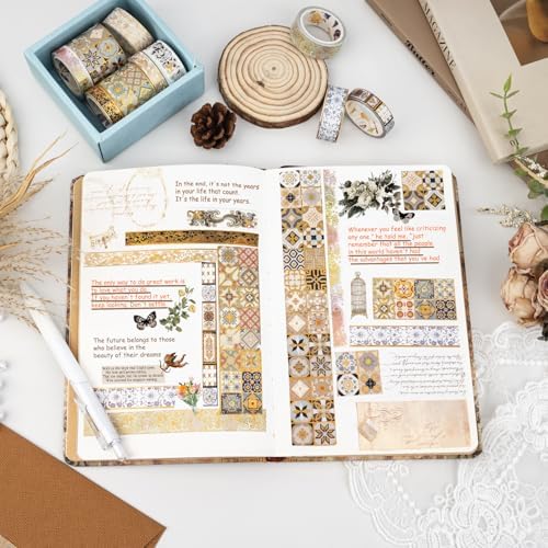 Van Gogh Washi Tape, 10 Rolls Vintage Watercolor Washi Masking Tape Set with Gold Foil, Decorative Tape for Bullet Journal, DIY Craft, Scrapbook Supplies