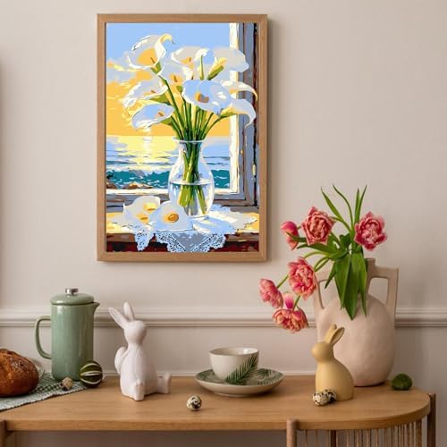 Auremi Flower Paint by Number Kits with Framed, DIY Flower Paint by Number Canvas for Adults, Easy Acrylic in Canvas with Brushes for Decor 20x30cm