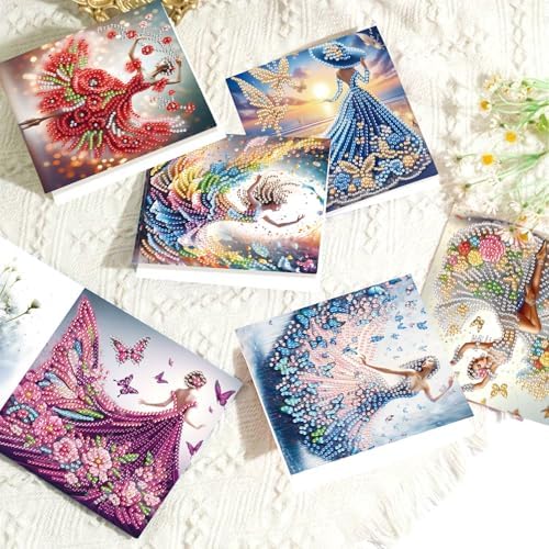 antor 6 Pcs 5D Diamond Painting Greeting Cards Kits, Elegant Lady DIY Diamond Art Cards with Envelopes, Handmade Rhinestone Greeting Card Set for Birthdays & Holidays