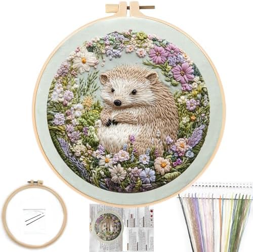 FONNUY Embroidery Kit for Beginners, Cute Hedgehog Stamped Embroidery Patterns Kits for Adults with Hoop, Easy to Follow Sewing Thread Needlework, 8'' Hoop (Adorably Spiky)