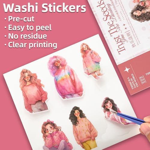 Animated Beautiful Female Themes Sticker Scrapbooking Supplies for Junk Journal, 50 Sheets Washi Stickers - Vintage Journaling Stickers, Ephemera Sticker Book Pre Cut(TZ-005-007)