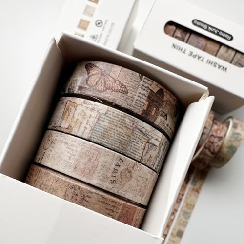 Vintage Washi Tape Set 8 Rolls Thin Retro Decorative Antique Patterns Masking Tapes for Arts, DIY Crafts, Journals, Planners, Scrapbook, Wrapping (Junk Books)