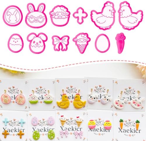 Easter Polymer Clay Cutters Set - 12pcs Sharp & Durable Bunny, Chick, Ice Cream & Egg Shapes for DIY Earring Jewelry Making, Soft Clay Crafts & Spring Holiday Supplies