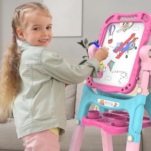 Amagoing Easel for Kids, Adjustable Standing Art Easel for Toddler, Double Chalk Drawing Board with Painting Accessories, Birthday Christmas Gift Toy for Girls 3 4 5 Years Old
