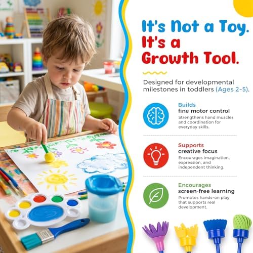 BigOtters 45PCS Kids Paint Brushes Set with Spill Proof Cups & Palettes