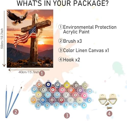 Independence Day Paint by Numbers Kit for Adults Beginner,4Th of July Acrylic Paint by Number Kits on Canvas,Bald Eagle and Cross Digital Oil Painting Art Kits for Home Decor without Frame 16x20 Inch.