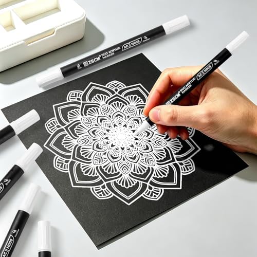ZSCM 12 White Acrylic Paint Markers, Dual Fine & Brush Tip Acrylic Pens
