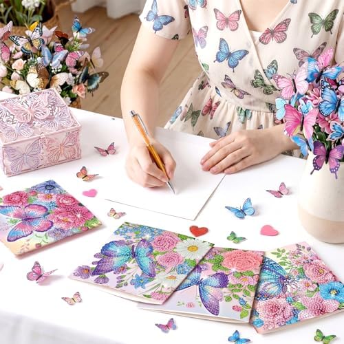 Saillong 12 Pack Butterfly Diamond Painting Greeting Card Kits Summer Diamond Art Cards with Envelopes Purple Butterfly Flowers 5D Rhinestones Painting Kits for Adults DIY Crafts Family Friend Gifts