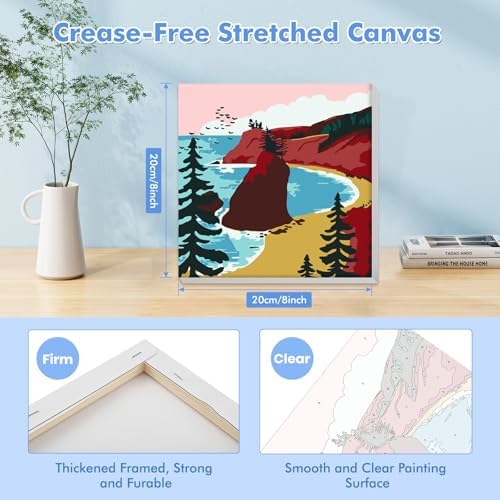 Bowetile Framed Paint by Numbers Landscape Kit for Adults, Adults' Paint-by-Number Kits on Canvas, Painting by Numbers, DIY Acrylic Number Painting for Home Wall Decor, 8x8in