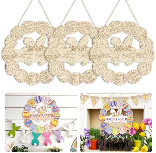 Large Size 12" Wooden Easter Ornaments to Paint, Wooden DIY Blank Unfinished Round Wood Discs Ornament Happy Easter Bunny Door Sign Egg Door Hanging Sign Plaque Crafts Hanging Decorations 3PCS