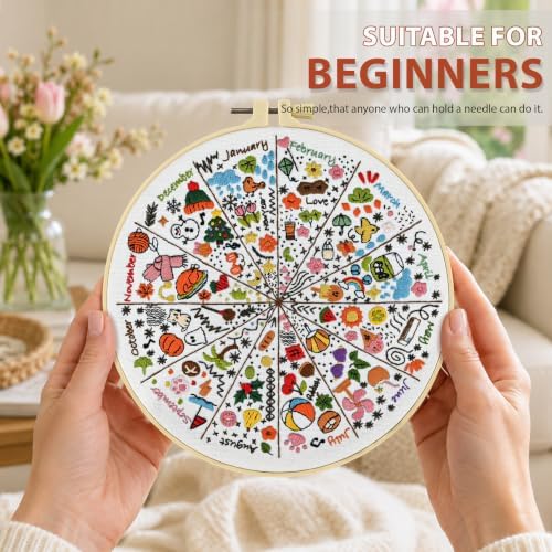 A Year of Doodles Embroidery Kit for Beginners Adults, 12-Month Seasonal Icon Wheel Easy Cross Stitch Kit Easy All-Year Round Embroidery Starter Kits with Wooden Hoop Needles Threads and Instruction
