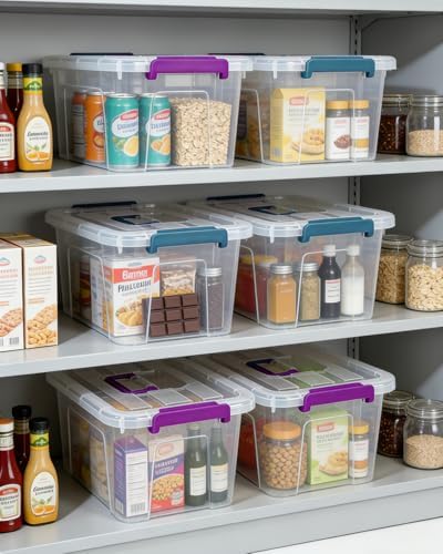 EOENVIVS 6 Pack Clear storage bins with lids, 7 Qt storage containers with lids with Color Buckles, Stackable storage box Set for organizers and storage, Closet, Pantry, Shelves & shoe boxes