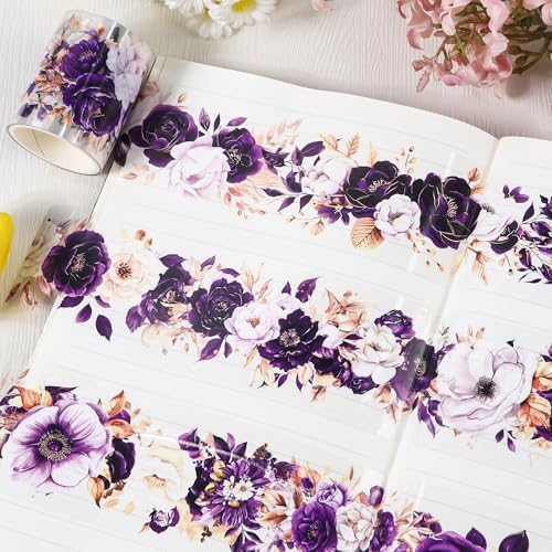 Sitsink PET Tape for Journal Scrapbooking - Golden Purple Flower Junk Journal PET Tape Scrapbook Decor Supplies Crafts Book Bottle Décor