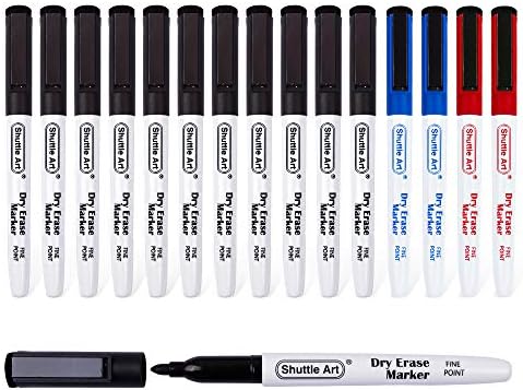 Shuttle Art Dry Erase Markers, 15 Pack 3 Colors Magnetic Whiteboard Markers with Erase, Fine Point Dry Erase Markers for Writing on Whiteboard Glass Mirror for School Home Office(11 Black 2Blue 2Red)
