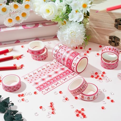 Pink Strawberry Washi Tape - 12 Rolls Waterproof Cute Bow Sweets Desserts Self Adhesive Decorative Paper for Gift Wrapping Scrapbook Journaling Kitchen Birthday Party Favor Craft Supplies