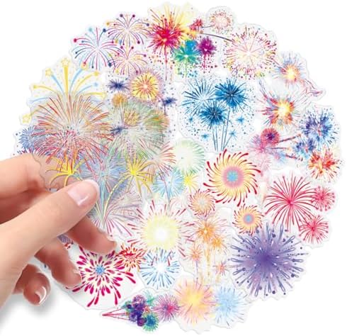 50PCS Firework Stickers, Waterproof Clear PET Transparent Colorful Firework Decals for Laptop, Skateboard, Phone Case, Luggage - Festival Celebration Decor for Teens, Adults, Boys, Girls