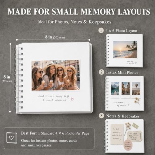 MARCADORUS White Scrapbook Album, 8 x 8 Inch Blank Scrap Book, 30 Sheets / 60 Pages (250gsm), Mini Memory Book with Ribbon, Acid Free & Archival Safe for Wedding, Travel and Guest Book.