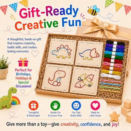 Montessori Wooden Lacing Dinosaur Toys for Toddlers and Kids Ages 2-4 5-7, Sewing Kit Fine Motor Skill Busy Board, Education Sensory Preschool Toy for 1 2 3 4 Year Olds, Birthday Gift for Boys Girls