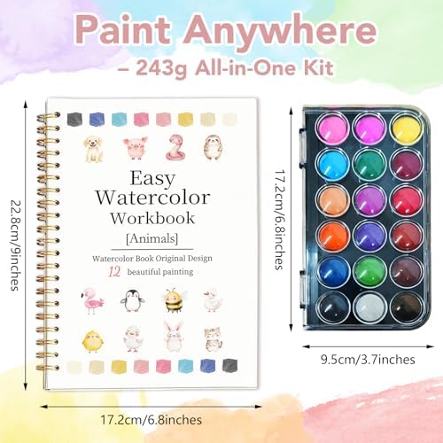 Easy Watercolor Workbook for Beginners - 12 Beautiful Step-by-Step Paintings Water Coloring Book, Includes 18 Water Colors, Relaxing Art Projects and Creative Gift for Adults & Teen (Animals)