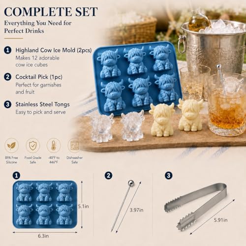 2PCS 3D Highland Cow Ice Cube Mold for Drinks, Candy, Baking, Butter & Soap