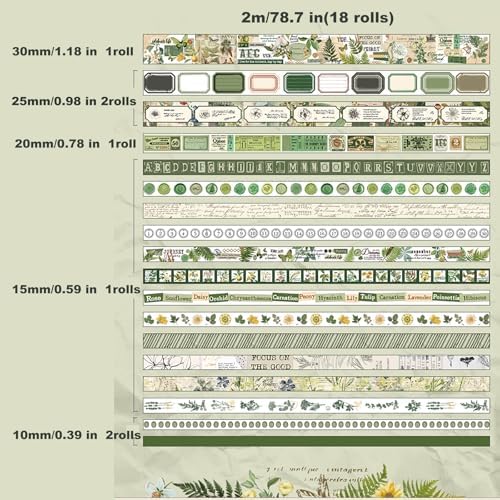 18 Rolls Botanical washi Tape Set for Crafts and Journaling DIY Scrapbooking Supplies Flower washi Tape for Scrapbooking Decorating Tape