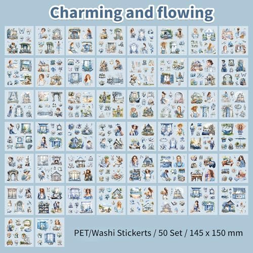 Charming Circulation Theme Sticker Scrapbooking Supplies for Junk Journal, 50 Sheets Washi Stickers - Vintage Journaling Stickers