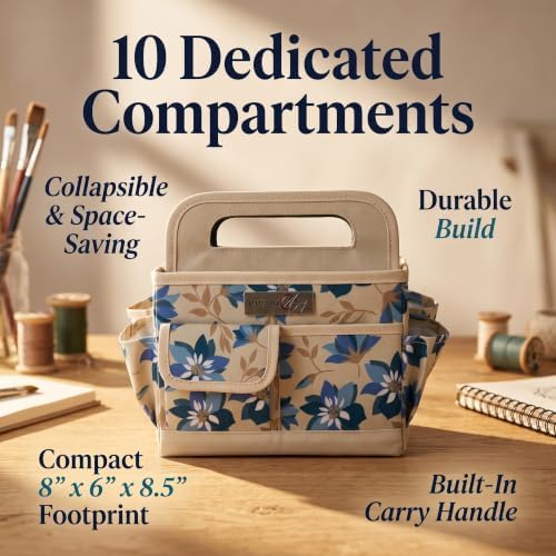 Everything Mary Desktop Tote Organizer – Tan Floral Craft Bag – Portable Storage for Art Supplies, Sewing, Scrapbooking, DIY Tools & Creative Project Organization