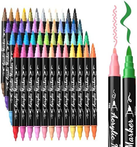 48 Colors Precision Dual Tip Acrylic Paint Markers Pens - Brush & Fine | Performs on Rock, Wood, Paper, Fabric, Egg, Scrapbook, Glass, Ceramic, Canvas, DIY Crafts Art Gift - School Supplies