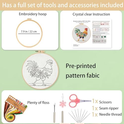 Ohcol Embroidery Kit Cross Stitch Kits Needle Point Kits Beginner Adults Needlepoint Kits with Rooster Pattern & Hoop