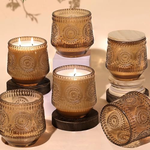LAMORGIFT 6 Pack Amber Candle Jars for Making Candles- Large 13.5oz Glass Jars with Wooden Lids and Labels, Empty Candle Jars, Candle Containers Vessels for Candle Making Supplies