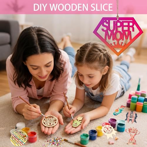 Mom Gift 40Pcs 5 Style Unfinished Wooden Mother's Day Ornaments DIY Craft Mother Birthday Present Paintable Blank Natural Mum Cutouts Hanging Wood Slices for Kids Art Crafts DIY Gift for Mom