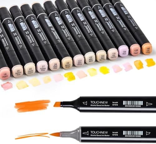 13Pcs Alcohol Markers Pure Color Series,Black Pen Barrel Dual Tip Soft Art Solid Color Markers Set for Adults Beginner Drawing Sketching (Skin Tone)