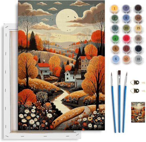 Spandrel Framed Paint by Numbers Kit for Adult Autumn Countryside, Adult Paint by Number Kits on Canvas Village Landscape, DIY Acrylic Oil Fall Painting by Numbers for Home Wall Decor, 8x12in