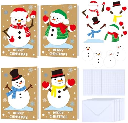 Dispowreath 24 Pcs DIY Christmas Card Making Kits with Envelopes DIY Christmas Craft Make Your Own Snowman Greeting Card Making Supplies for Holiday Xmas Party Decoration Favor