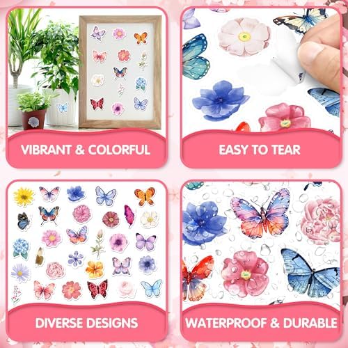 LINAYE 24 Sheets Butterfly Flower Stickers for Kids Adults, Spring Butterfly Flower Decorative Stickers Bulk for Crafts Envelops Scrapbooking, Butterfly Party Favors Supplies for Kids Classroom