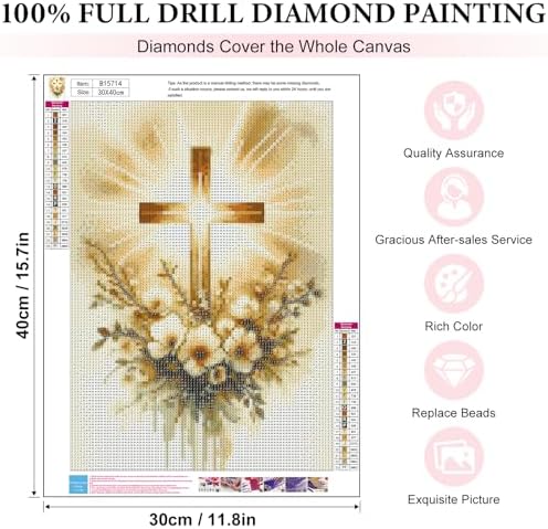 Yezavesu Christian Cross Diamond Art Kits for Adults Beginners 12x16 Inch | Cross Flowers Diamond Painting, DIY 5D Full Round Drill Gem Art, Stress Relief Craft Kits, Home Wall Decor Gift, 12x16 Inch