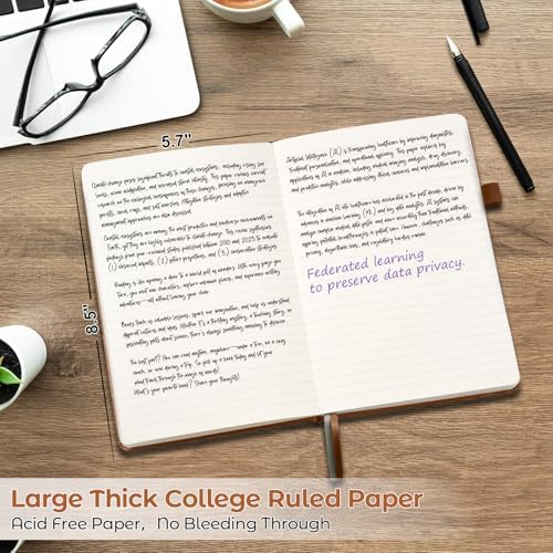 College Ruled Notebook, Hardcover Leather Journal for Women Men, A5, Lined