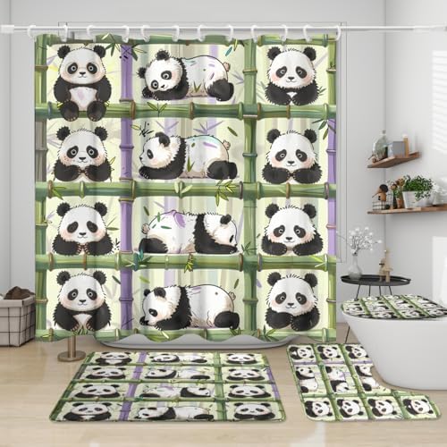 Funny Cartoon Baby Panda 4 Piece Shower Curtain Sets,Abstract Cute Panda Bears Non-Slip Rugs,Toilet Lid Cover and Bath Mat,Spring Forest Japanese Bamboo Print Bathroom Decor Set