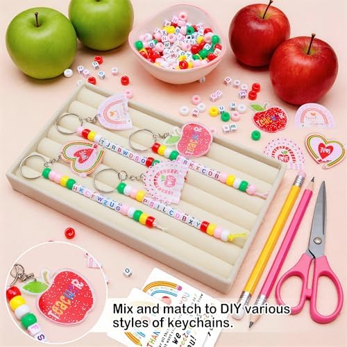 Tuhangcc Unique Design 16 Sets Teacher DIY Charm Bead Keychain Kit with 10 A-Z Letter Beads 16 Charms & Greeting Card for Teacher Day Gift (Teacher's Day)