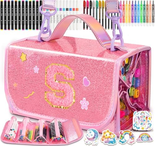 SHXWELL 69 PCS Initial Washable Scented Markers Set with Glitte Pencil Case Shoulder Strap, Personalized Art Supplies and Crafts for Kids Ages 4-6-8, Birthday Gifts for Girls Coloring Markers Set (S)