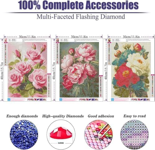 WNPOKN 3 Pack Flowers Diamond Art Kits for Adults 12x16inch