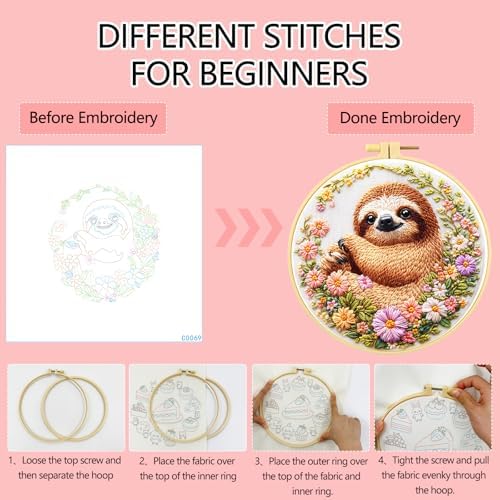 Zhenqing Sloth Embroidery Kit for Beginners, Cute Sloth & Floral Needlework Craft with Pre-Printed Cotton Fabric, Hoop, Threads & Tools, Boho Decor (C0069)