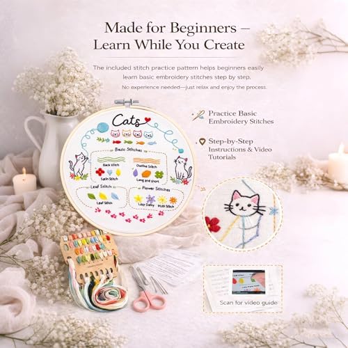 Peonfly Cat Embroidery Kit for Beginners, 4 Pack Stamped Embroidery Starter Kit with 4 Hoops, 9 Stitch Types Practice Sampler, Animal Floral Wall Hanging Decor, Mothers Day Birthday Gift (Box 4pcs)